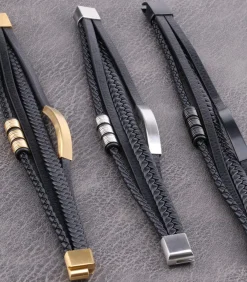 Heren Armband Leder - Zwart met Goud Kleurige Accenten