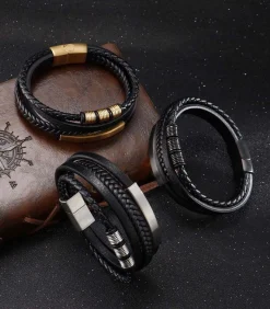 Heren Armband Leder - Zwart met Zilver Kleurige Accenten