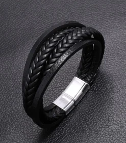 Heren Armband Leder met Dubbele Vlecht - Zwart met Zilver Kleurige Sluiting