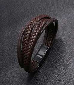 Heren Armband Leder met Dubbele Vlecht - Bruin met Zwarte Sluiting