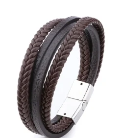 Heren Armband Leder met Dubbele Vlecht - Bruin met Zilver Kleurige Sluiting