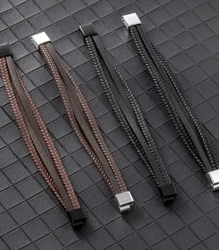 Heren Armband Leder met Dubbele Vlecht - Bruin met Zilver Kleurige Sluiting
