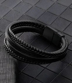 Heren Armband Leder met Dubbele Vlecht - Zwart met Zwarte Sluiting
