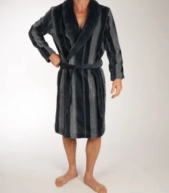 Heren badjas Velours - 115CM - Blue Stripe - Lange warme ochtendjas voor mannen