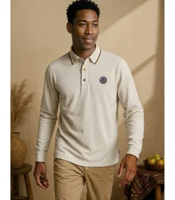 Heren poloshirt met lange mouwen in beige met patch