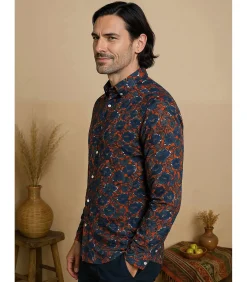 Herenblauw overhemd met bloemenpatroon