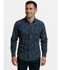 Herenblauw overhemd met plantenprint