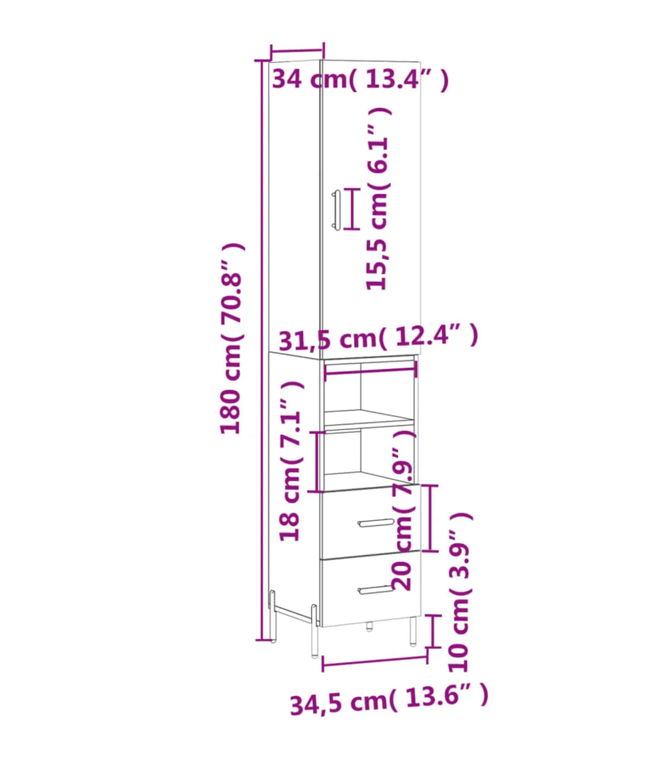 Hoge kast 34,5x34x180 cm bewerkt hout grijs sonoma eikenkleurig