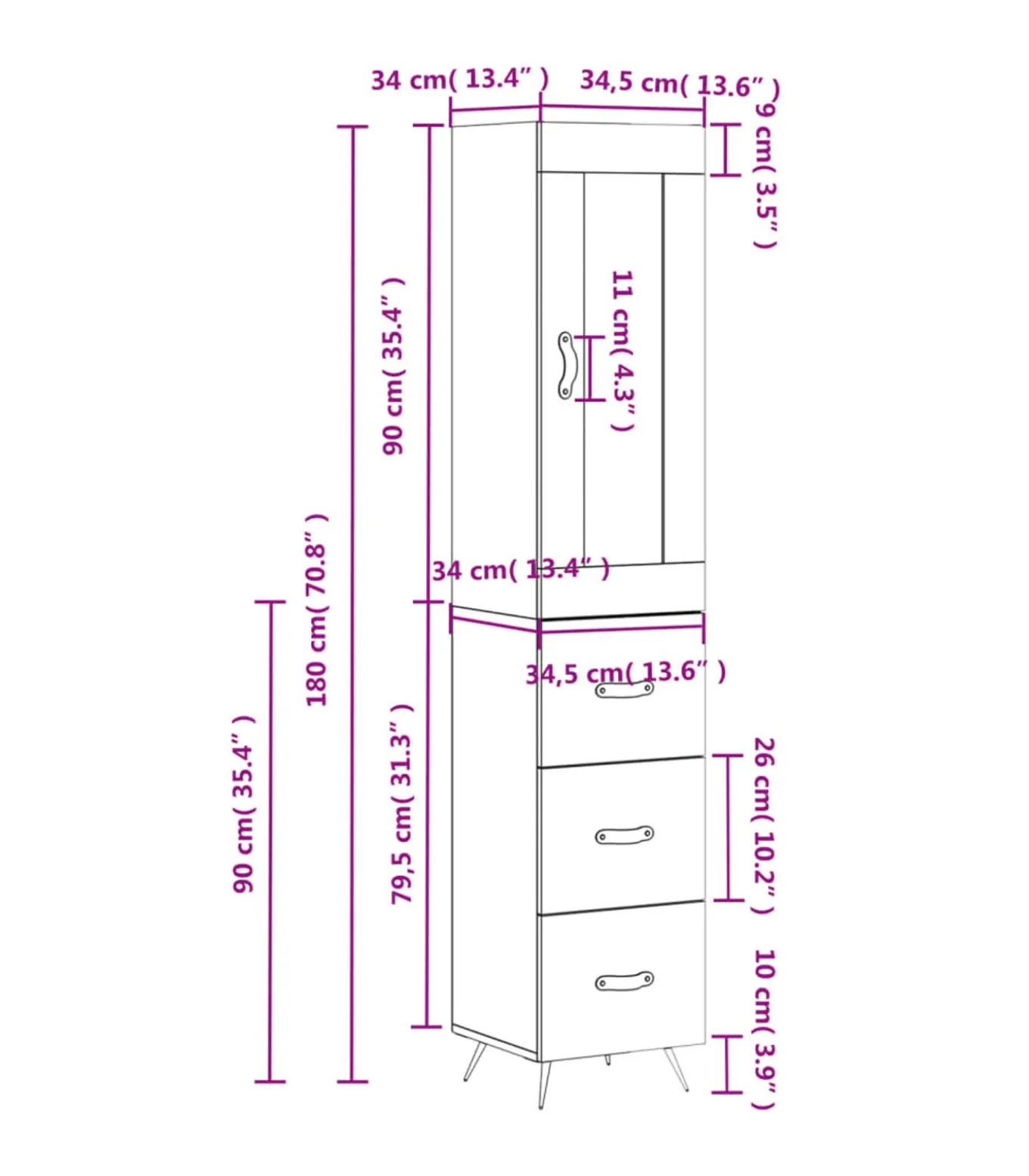 Hoge kast 34,5x34x180 cm bewerkt hout grijs sonoma eikenkleurig