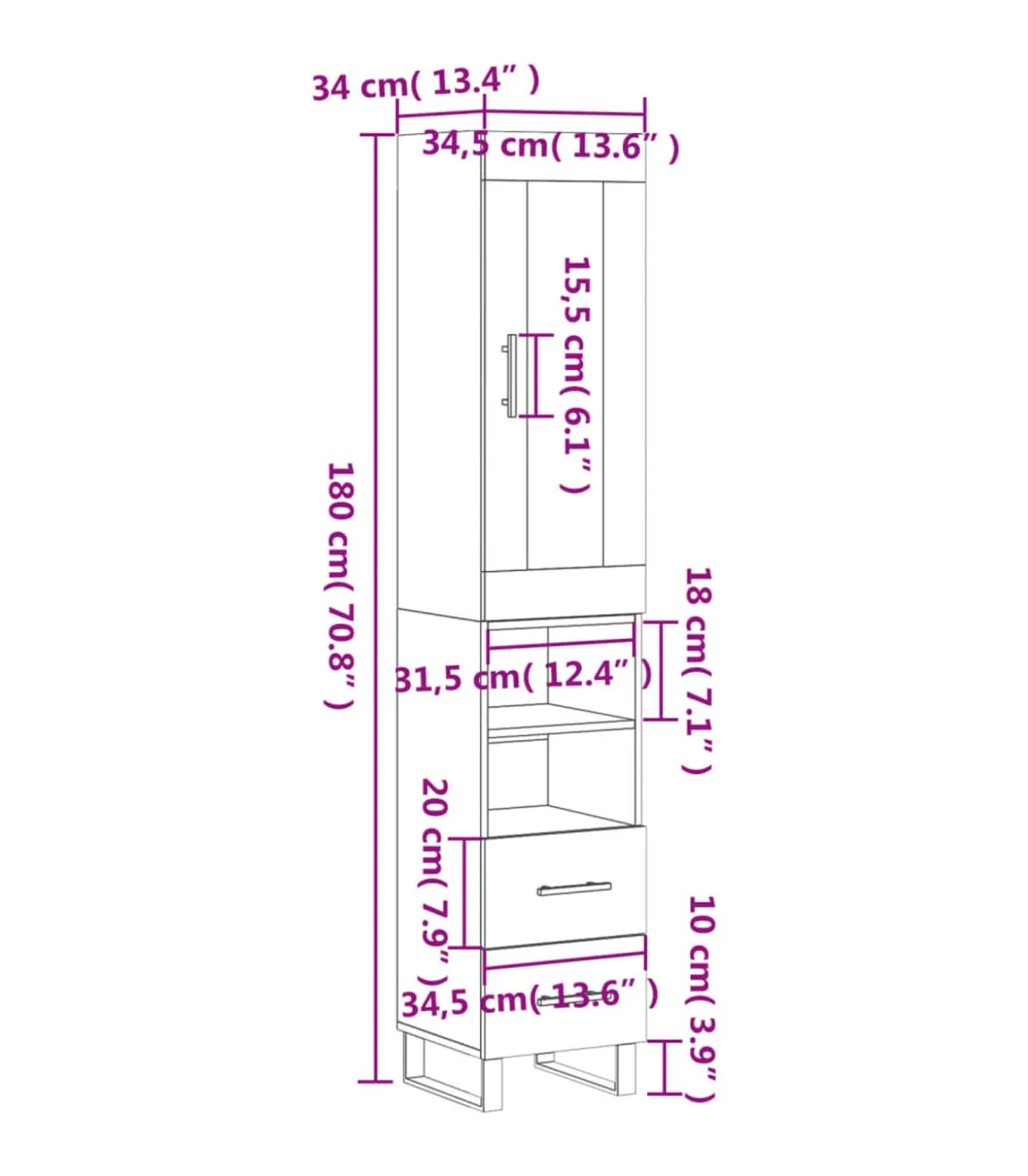 Hoge kast 34,5x34x180 cm bewerkt hout betongrijs