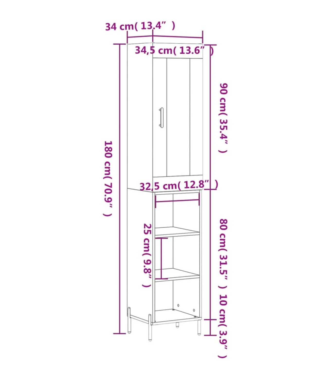 Hoge kast 34,5x34x180 cm bewerkt hout grijs sonoma eikenkleurig
