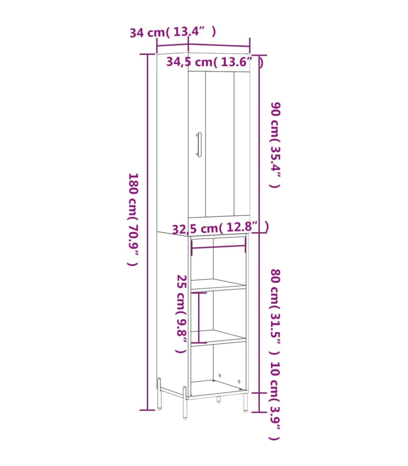 Hoge kast 34,5x34x180 cm bewerkt hout betongrijs