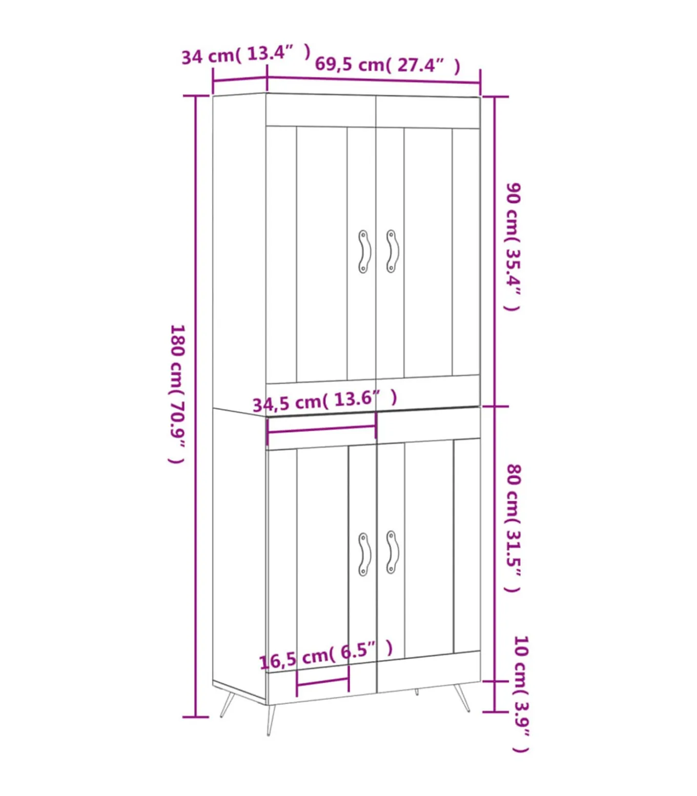 Hoge kast 69,5x34x180 cm bewerkt hout wit