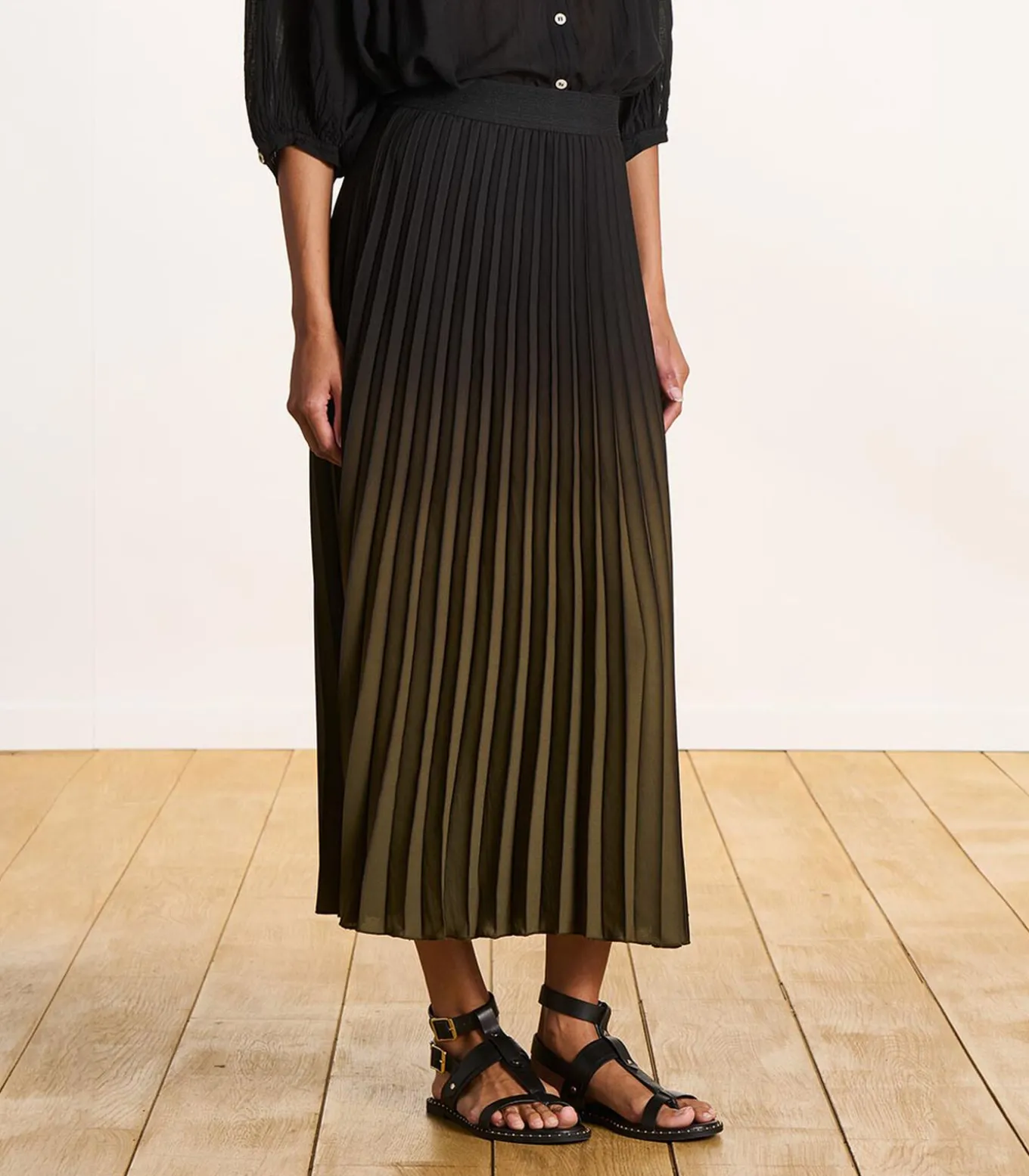 Kaki geplooide lange rok