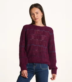 Korte bordeaux trui in opengewerkte stof met ronde hals