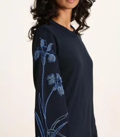 Korte jurk van fijne donkerblauwe mesh met borduurwerk