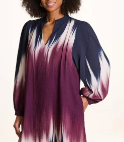 Lange jurk blauw en pruim tie & dye print