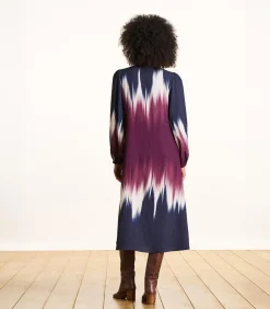 Lange jurk blauw en pruim tie & dye print