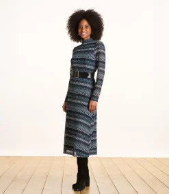 Lange jurk in petrolblauw met lange mouwen en haakwerk