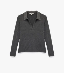 Lange mouwen polo zwarte dames top met steendetails