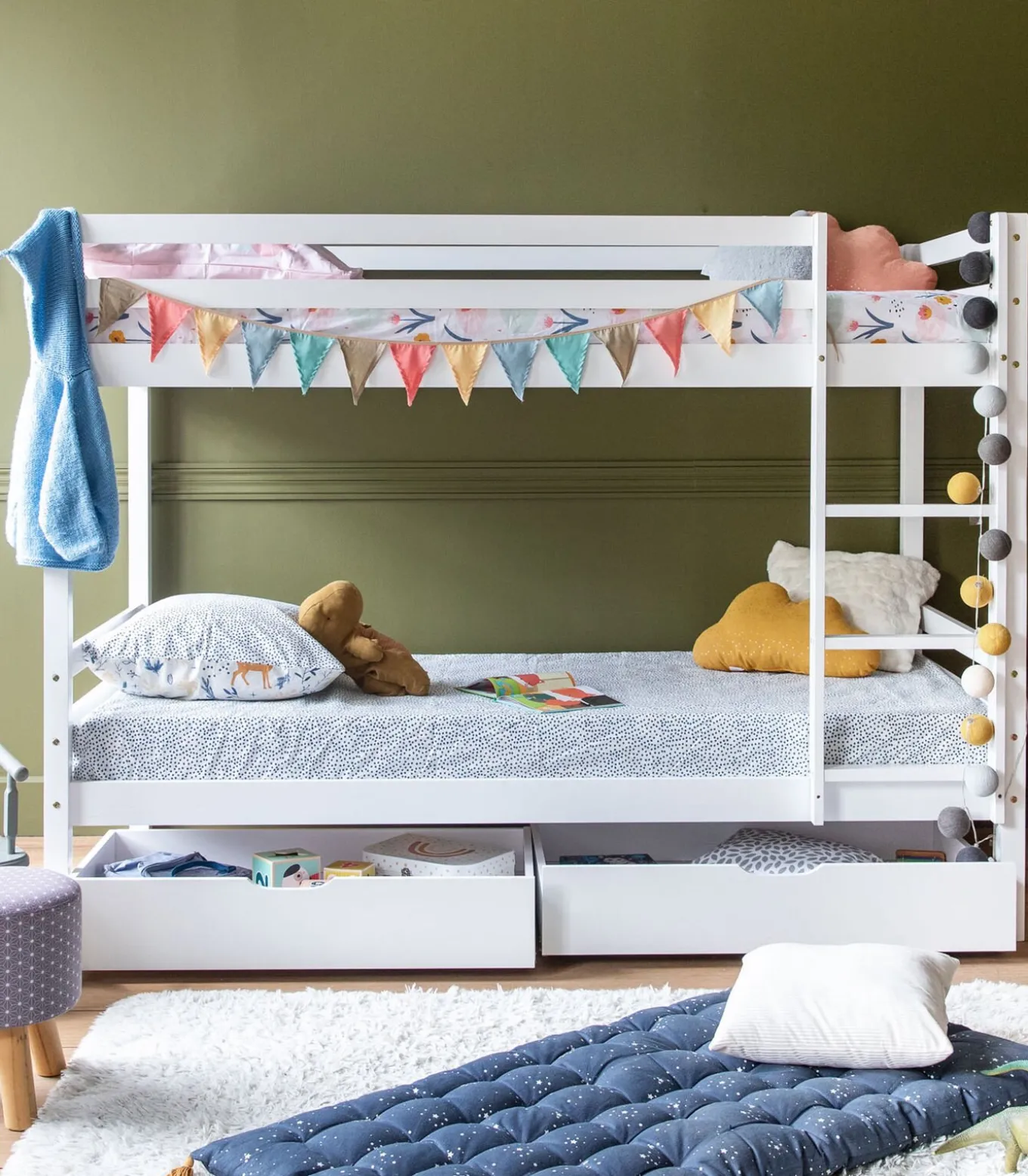 Lits superposés pour enfants 190x90cm blanc avec tiroirs AMBRE