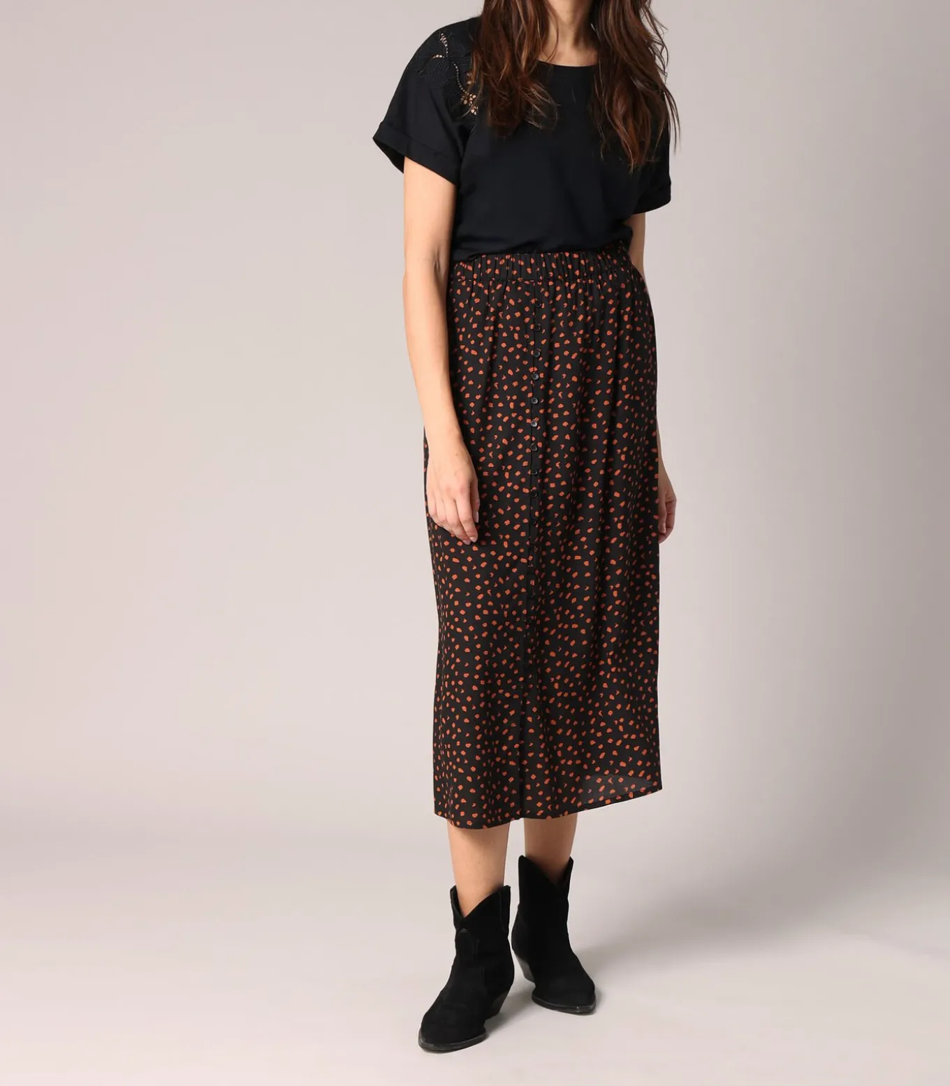 LOUNA - Midi-rok met stippenprint en elastische taille