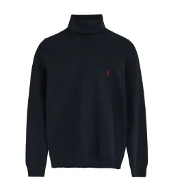 Marineblauwe coltrui van wolmix met geborduurd Rigby Go-logo