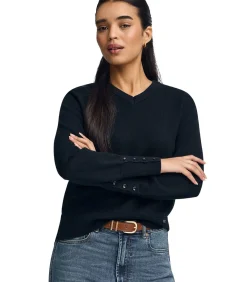 Marineblauwe trui van wolmix met knopen op de mouwboorden en parelmoeren Polo Club-knoop