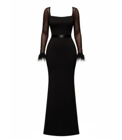 Maxi-jurk “Dobby Mesh Feather Sleeve Evening Maxi Dress”