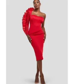 Midi-jurk “One Shoulder Organza Fan Detail Lace Bodice Midi Dress”