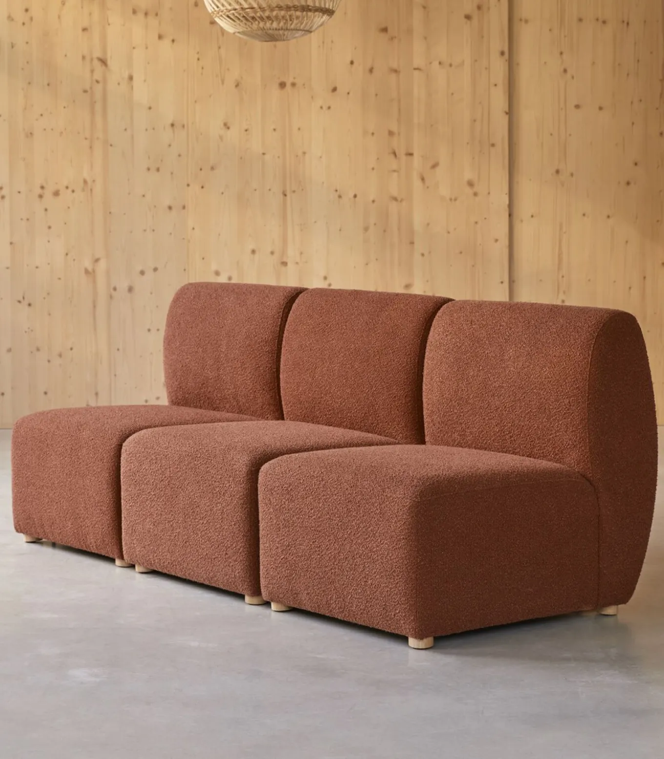 Modulaire 3-zitsbank Swann van massief acacia en terracotta stof