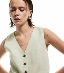 Mouwloze Linnen Blazer Yelek met Knoopsluiting