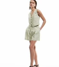 Mouwloze Linnen Blazer Yelek met Knoopsluiting