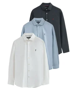 Pack van drie herenhemden van poplin katoen in wit, en hemelblauw en marineblauw met slim fit en Rigby Go-logo