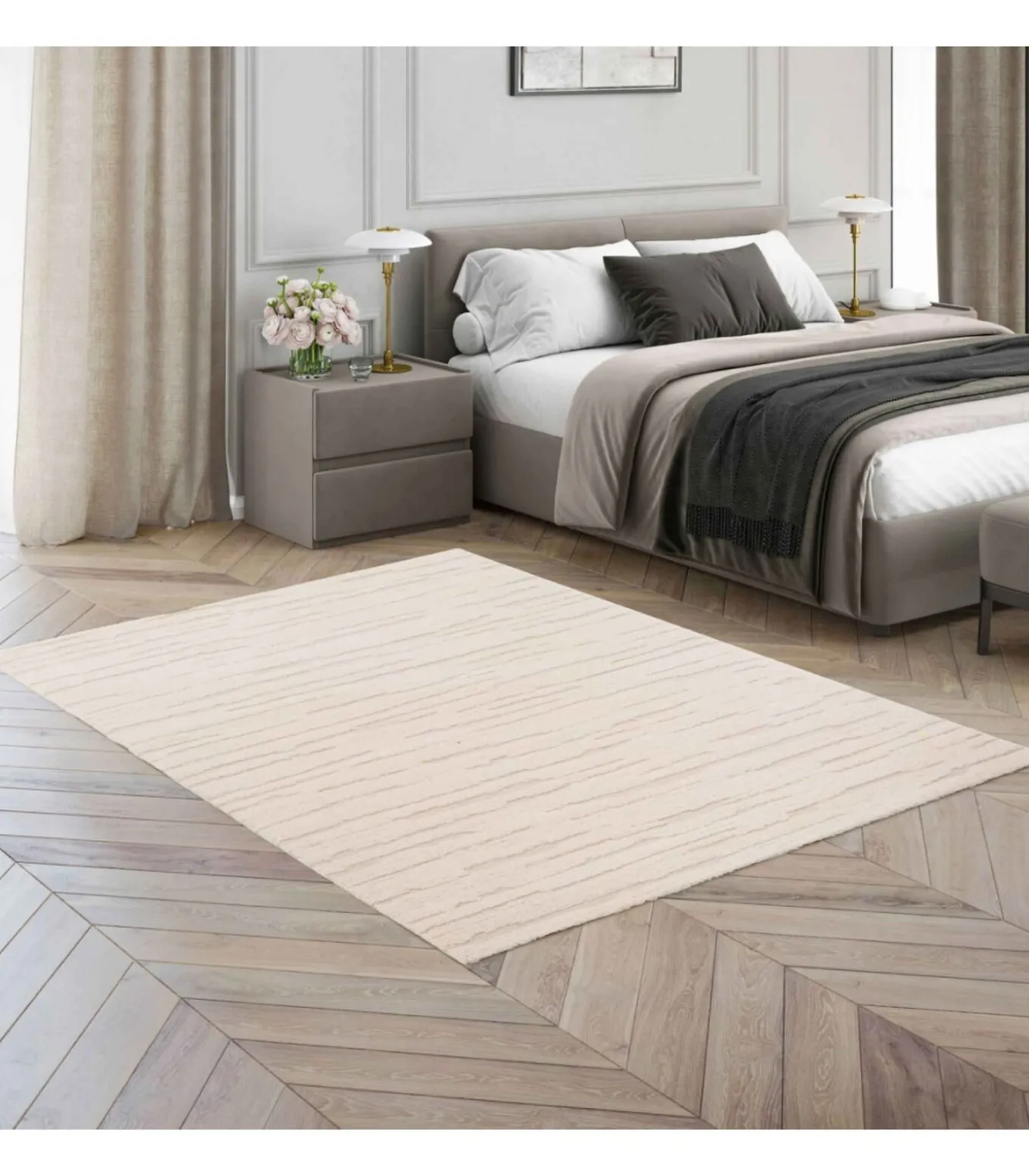 Rechthoekig laagpolig vloerkleed in effen ecru patroon 120 x 170 cm