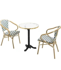 Set van wit marmeren terrastafel en 2 blauwe stoelen