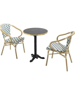 Set van zwart marmeren terrastafel en 2 blauwe stoelen