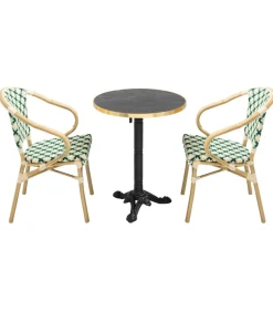 Set van zwart marmeren terrastafel en 2 groene stoelen