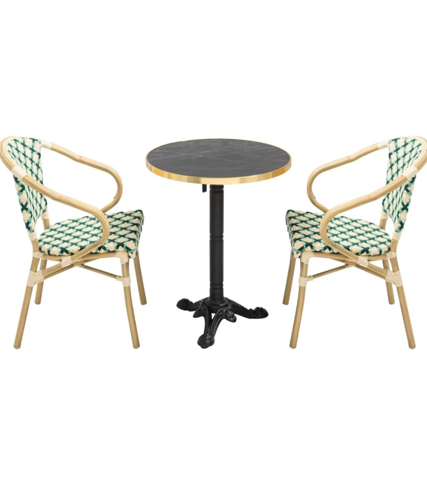 Set van zwart marmeren terrastafel en 2 groene stoelen