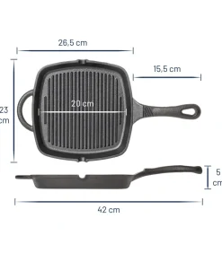 Skillet - Grillpan - Gietijzer - 23 x 23 cm - zonder anti-aanbaklaag