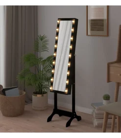 Spiegel vrijstaand met LED's 34x37x146 cm zwart