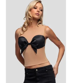 Tanktop “Nude Mesh Sleeveless Taffeta Bow Top”