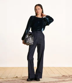 Top van petrolblauwe fluweel met lange mouwen