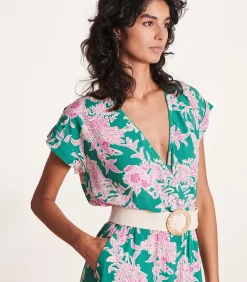 Vloeiend groen en roze broekpak met bloemenprint