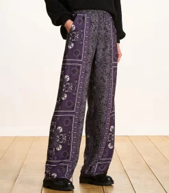 Vloeiende broek in pruimkleurige twill met sjaalprint