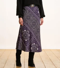 Vloeiende rok in pruimkleurige twill met sjaalprint