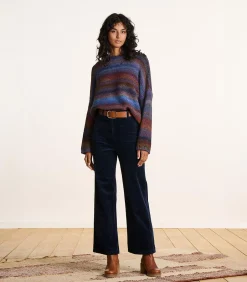 Wijde broek van marineblauwe fluweel met hoge taille