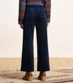 Wijde broek van marineblauwe fluweel met hoge taille