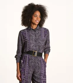 Wijde pruimkleurige blouse met sjaalprint in twill