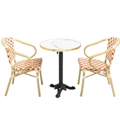 Witmarmeren terrastafel en 2 rode stoelen set